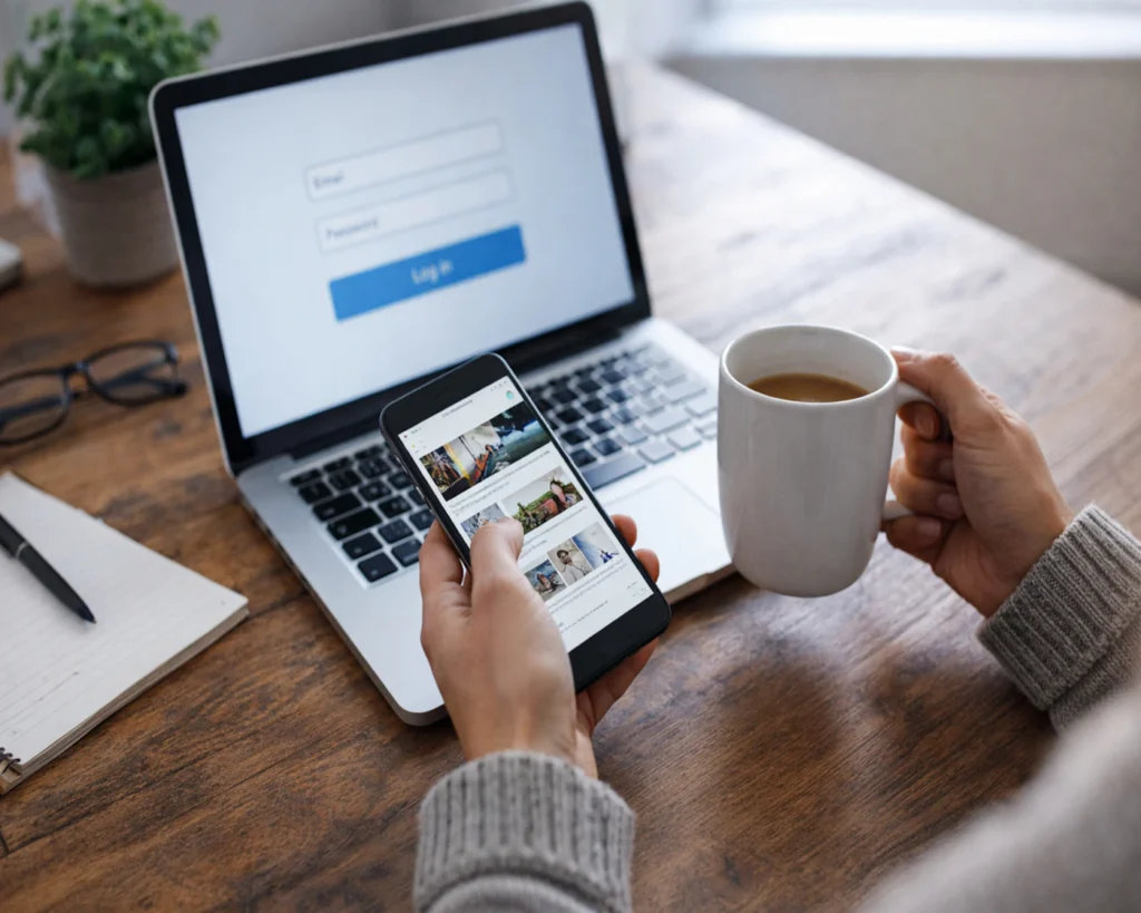 Person browsing websites on a phone and laptop where display and remarketing ads appear