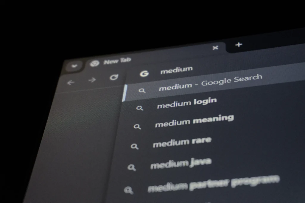 Search bar autocomplete suggestions showing keyword research and search intent