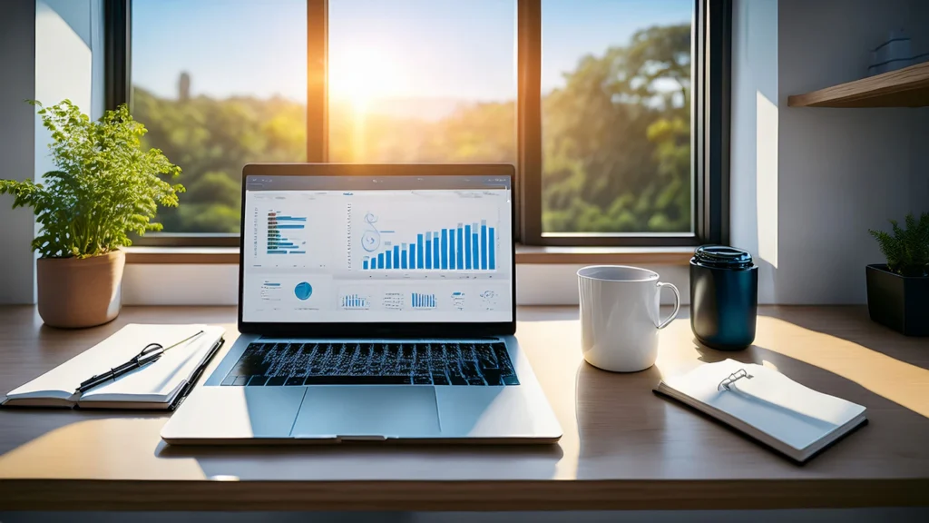 Laptop on a sunny desk showing rising PPC performance charts