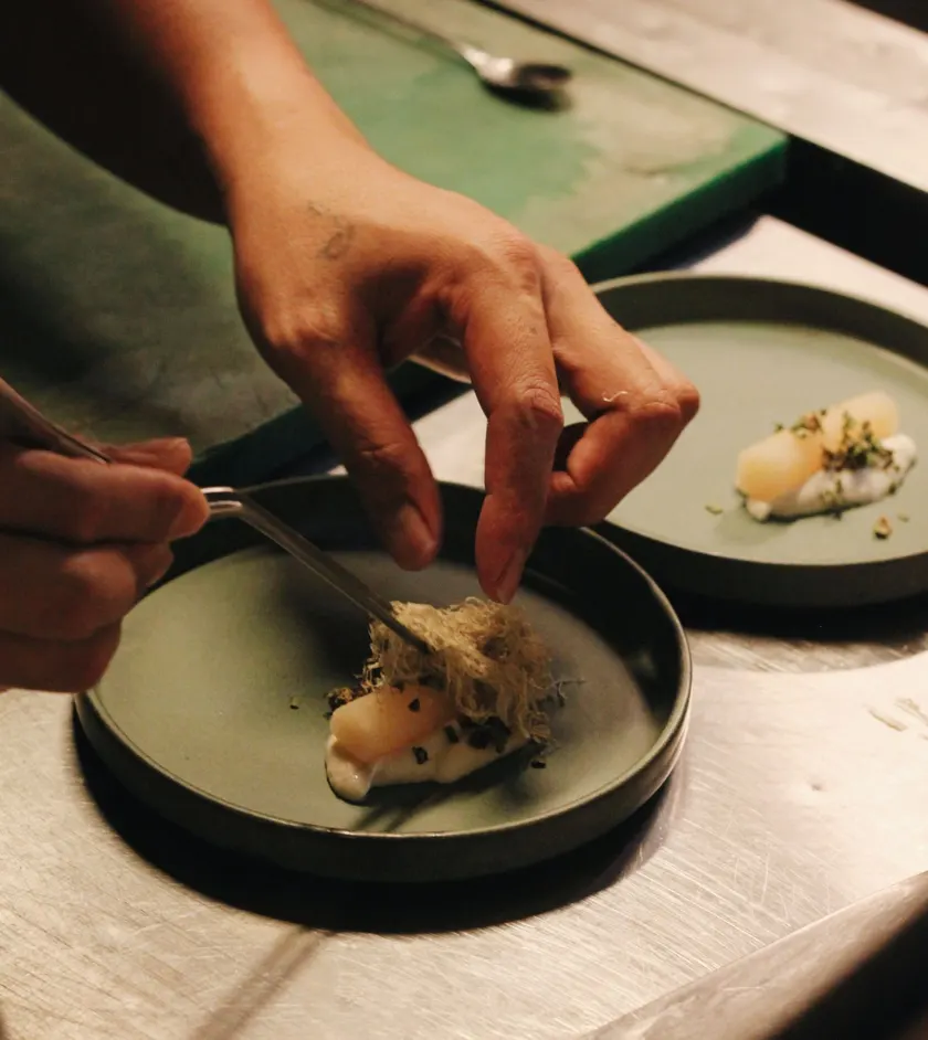 Chef carefully plating a dish in a restaurant kitchen