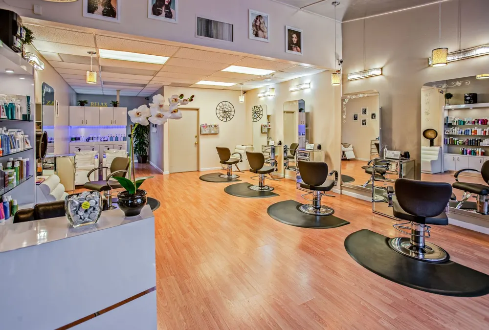 Bright hair salon with styling stations