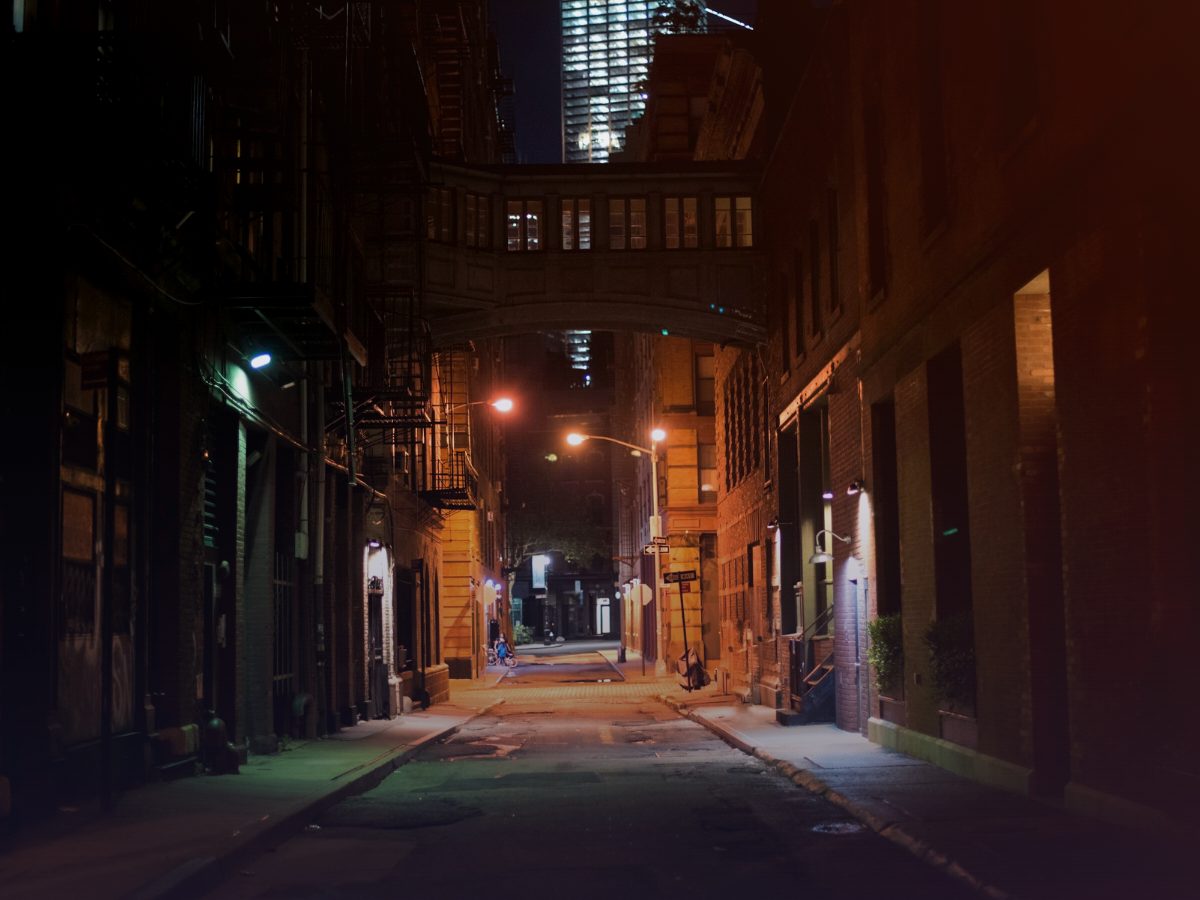Quiet Tribeca street at night in Manhattan